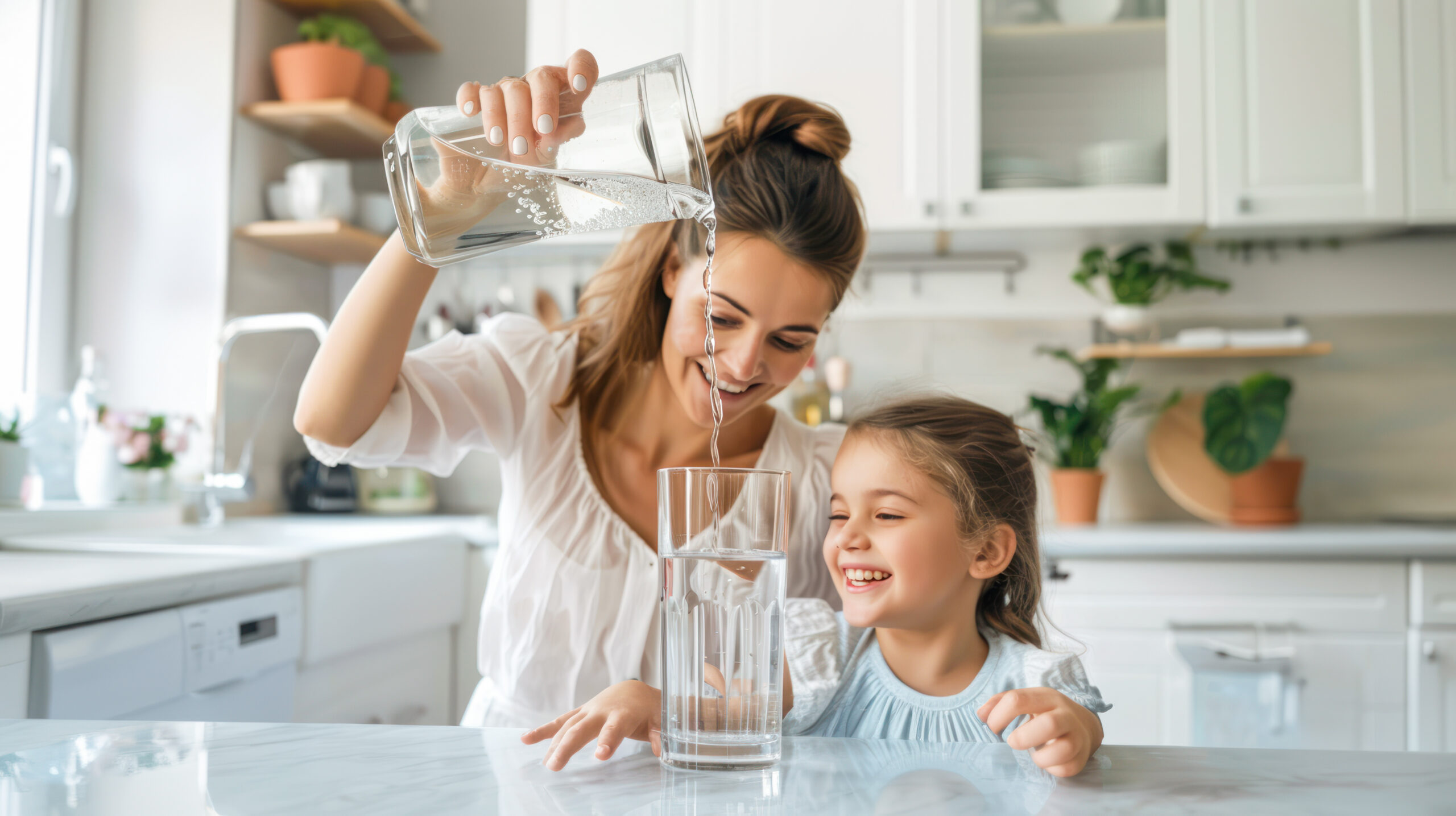 Frau schenkt am Tisch Wasser aus einer Karaffe in ein Glas, ihre Tochter sitzt daneben